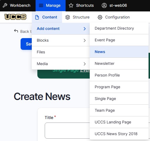 Drupal Editing page showing the content dropdown with Add content and News Selected 