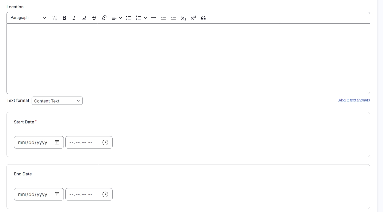 Drupal Event page editing screen showing the Location, Start and End Date boxes for an Events Page 