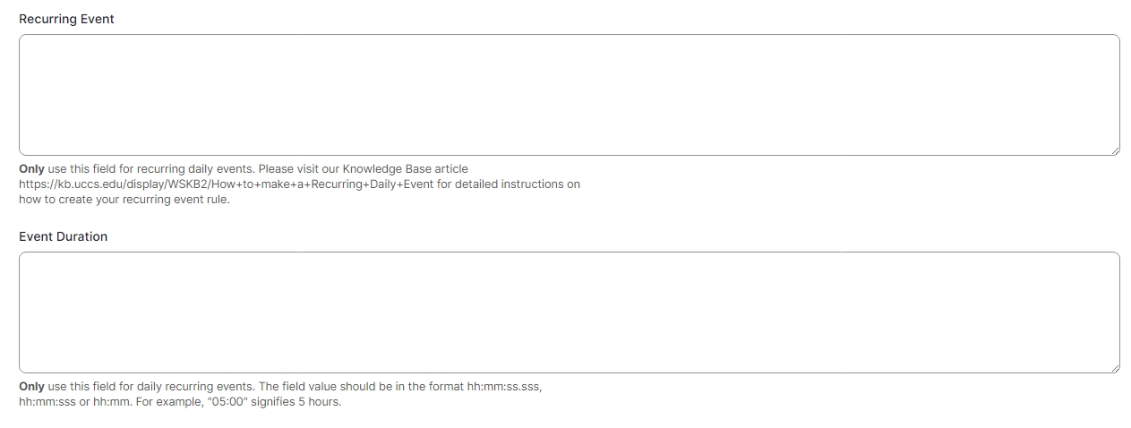 Drupal Event page editing screen showing the Recurring event and Event Duration box for an Events Page 
