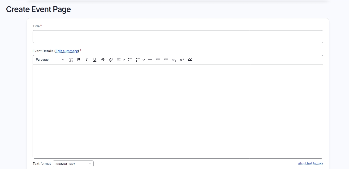 Drupal Events Page editing page showing Title and Event Details 