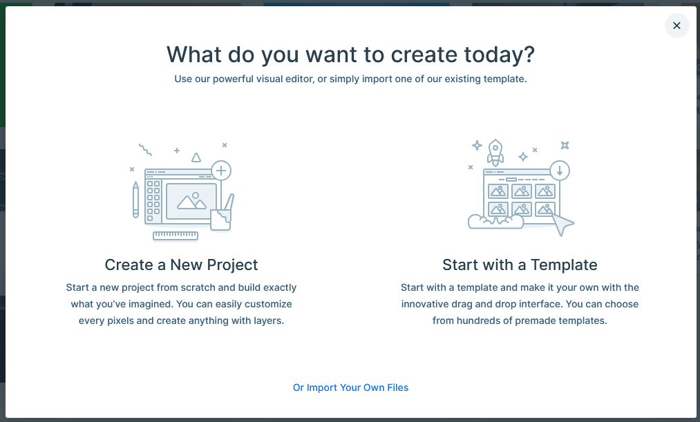 Screenshot of Smart Slider create a new project. Two buttons: create a new project and start with a template